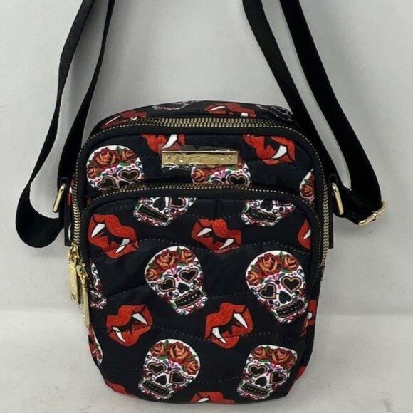 P1279-Betsey Johnson Skulls and Fangs Crossbody-2 Zippered Pockets - Picture 1 of 4